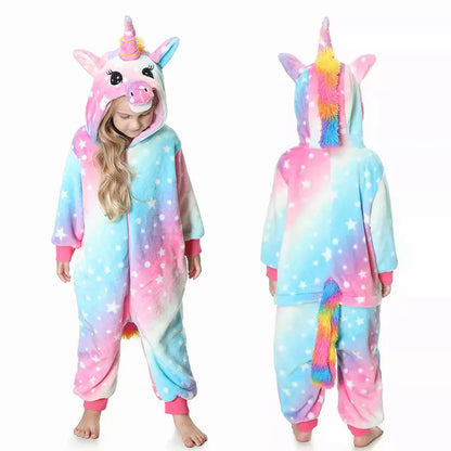 Unicorn Kigurumi for Kids Onesies Winter Flannel Warm Pajamas Animal Lion Dinosaur Hooded Sleepwear Jumpsuit Cospaly Costumes