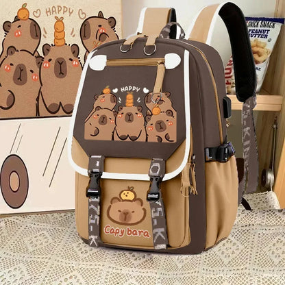 Cute Capybara Backpack Waterproof Large-Capacity Multi-Compartment Backpack Animal Print School Bag Capybara Plush Toy Included