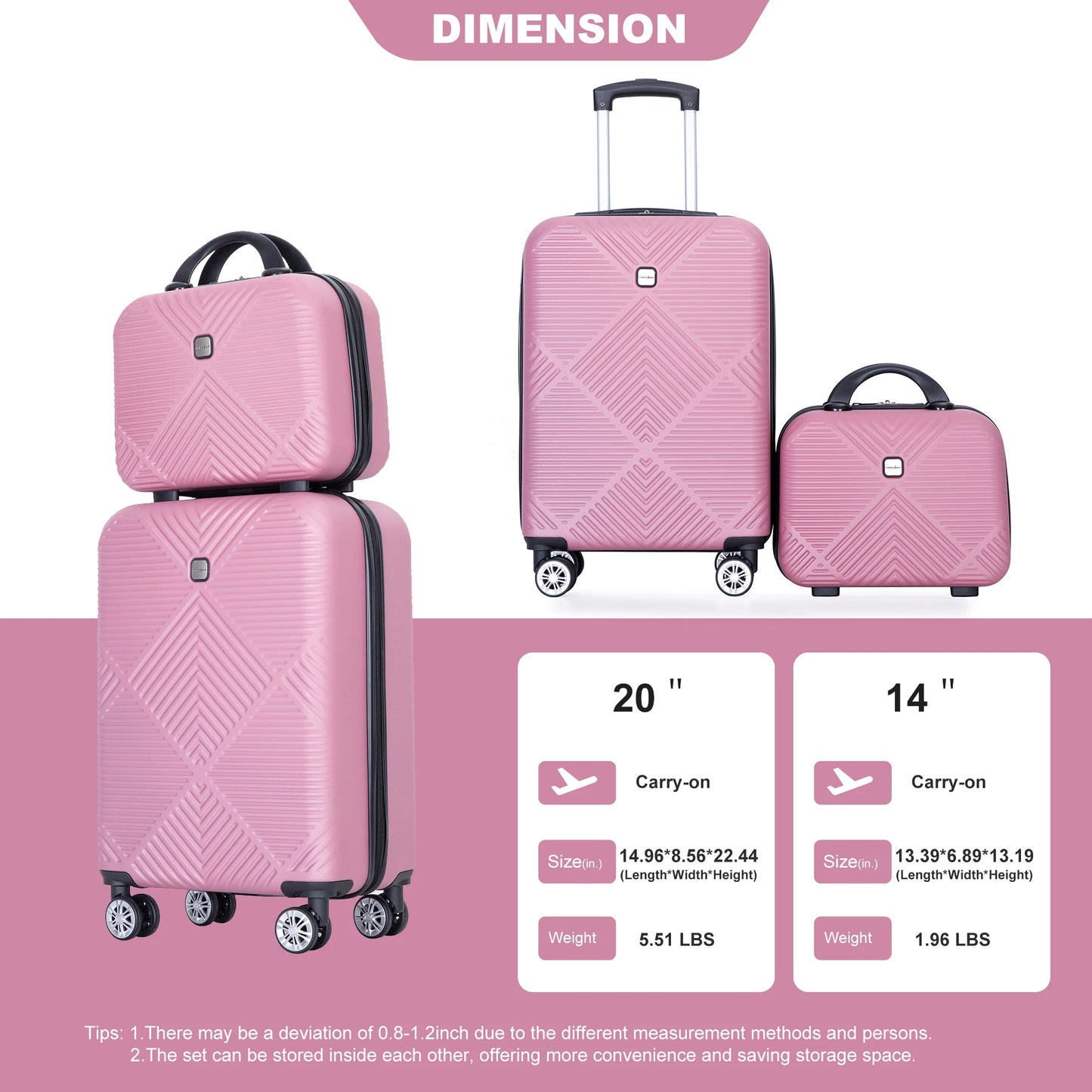 2 Piece Carry on Luggage Set, Airline Approved 20 Inch Luggage with Cosmetic Case，Hard Shell Suitcase with Spinner Wheels