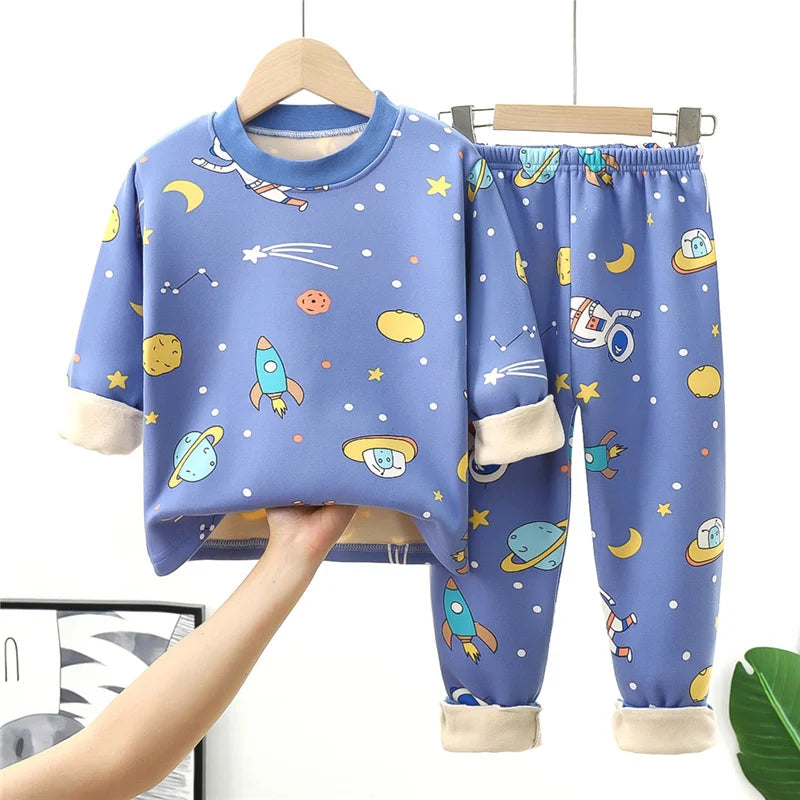 Kids Warm Pajama Sets Autumn Winter Plus Velvets Clothing Suits Boys Girls Fashion Print Pullover+Pants 2Pcs Outfits 1-14 Years