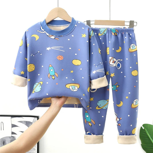 Kids Warm Pajama Sets Autumn Winter Plus Velvets Clothing Suits Boys Girls Fashion Print Pullover+Pants 2Pcs Outfits 1-14 Years