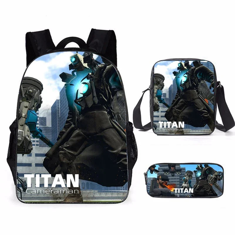 3pcs Skibidi Toilet Titan Drillman Schoolbag Set, Titan Speakerman Print Student Rucksack, Casual Backpack For Boys And Kids