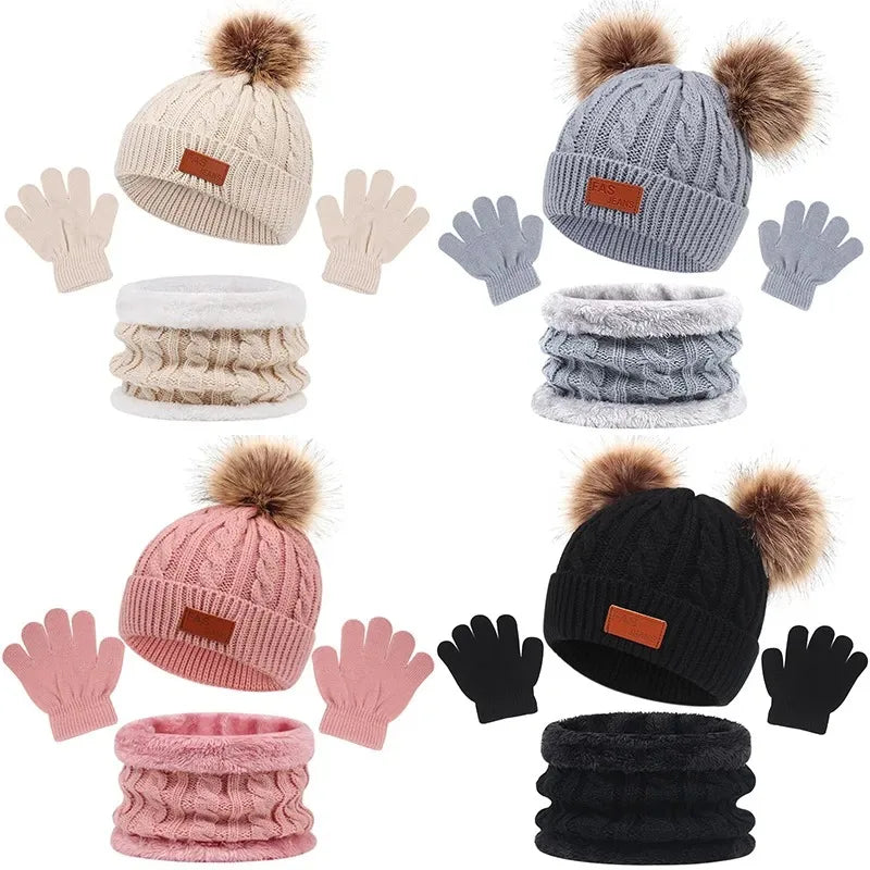 Baby Winter Hat Scarf Gloves Set Knitted Fur Ball Kids Beanie Baby Cap for Girls Boys Accessories Infant Bonnet Toddler Hat 1-5Y