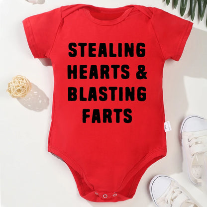 Creative New Baby Girl Boy Cotton Onesie Stealing Hearts and Blasting Farts Letter Print Funny Infant Clothes Comfy Breathable