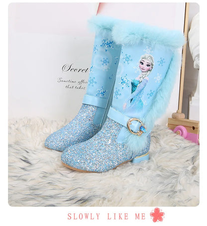 Disney Girls' High Heel Boots Winter Children's High Sleeve Plush Snow Warm Boots Princess Elsa Long Pink Blue Boots Size 26-37