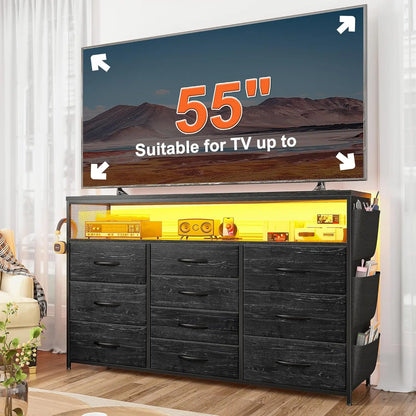 Dresser TV Stand with 10 Drawers for 55" TV Stand for Bedroom with LED Lights & Power Outlets Wide Dresser for Bedroom