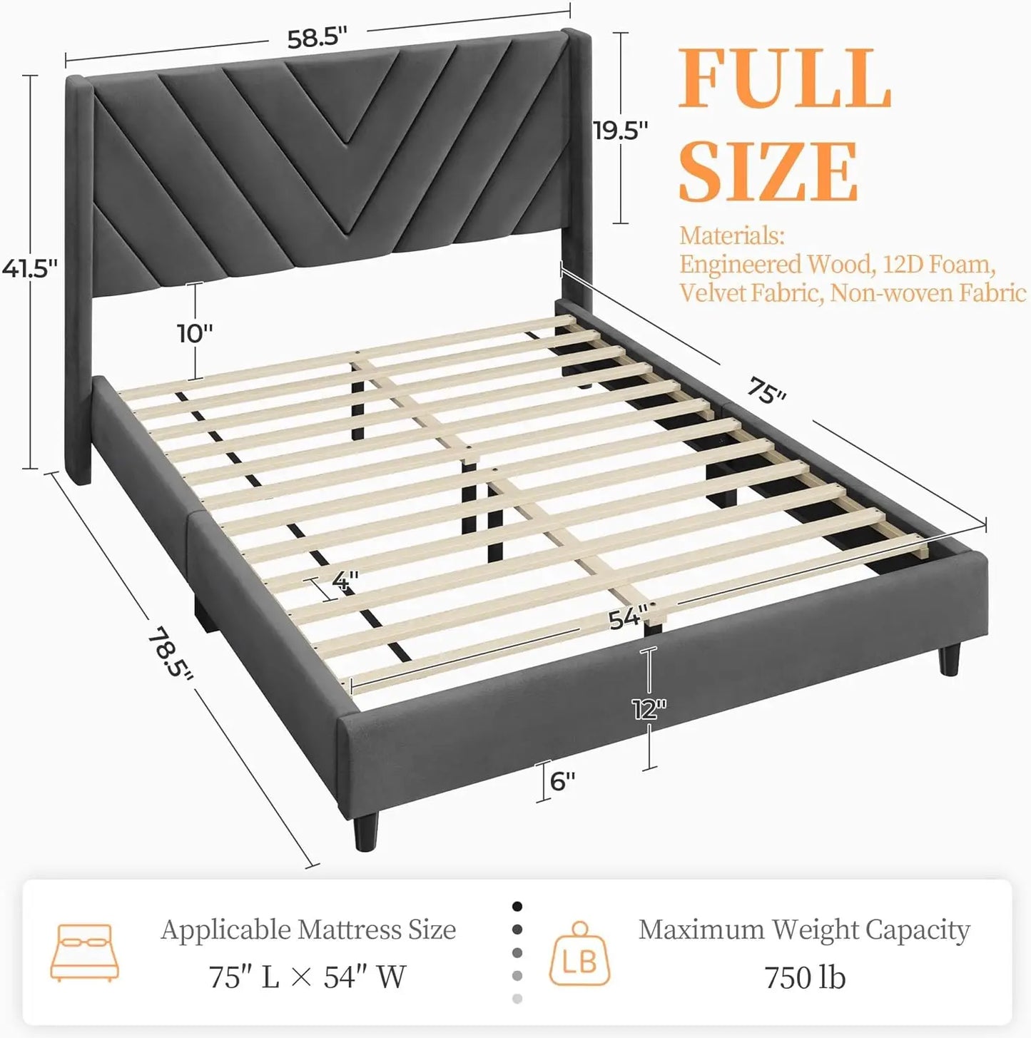 Bed Frame Upholstered Platform Bed with Wing Side/Wooden Slat Support/Tufted Headboard with Wing Side/Mattress Foundation