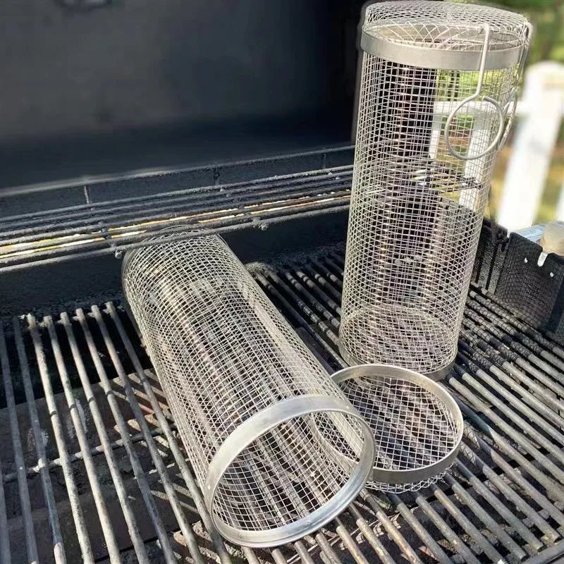 BBQ Basket Stainless Steel Rolling Grilling Basket Wire Mesh Cylinder Cylindrical Portable Round Outdoor Camping Barbecue Rack