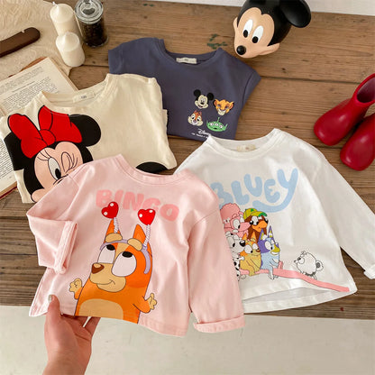 Trendy Brand Disney Children T-shirt Long-sleeved Tops Spring/autumn Clothing Kids Bottoming Shirt Cartoon Crewneck Girl Blouse