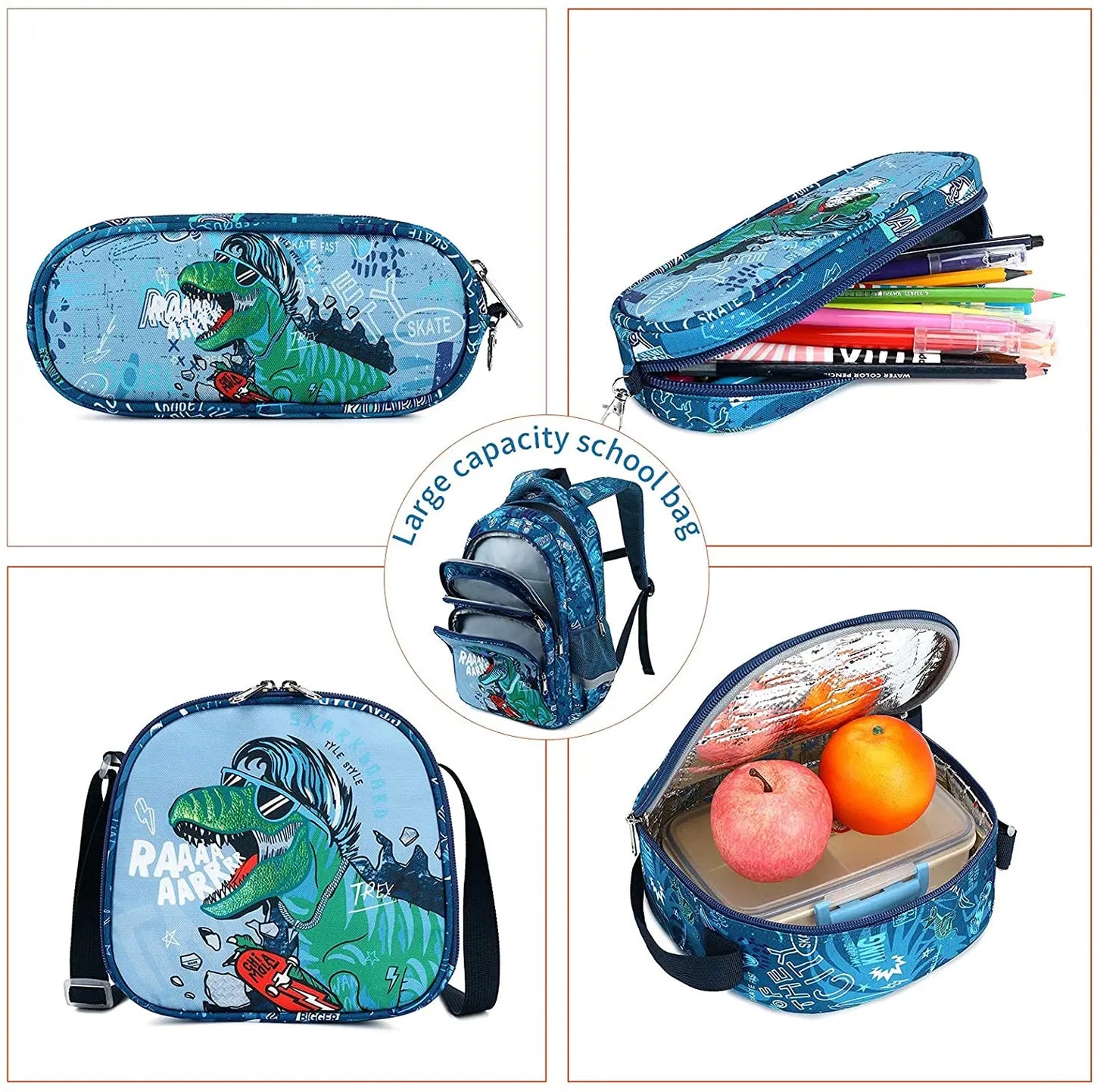 Boys Dinosaur Backpack Set with Lunch Box Pencil Case, School Book Bag for Kids Elementary Preschool