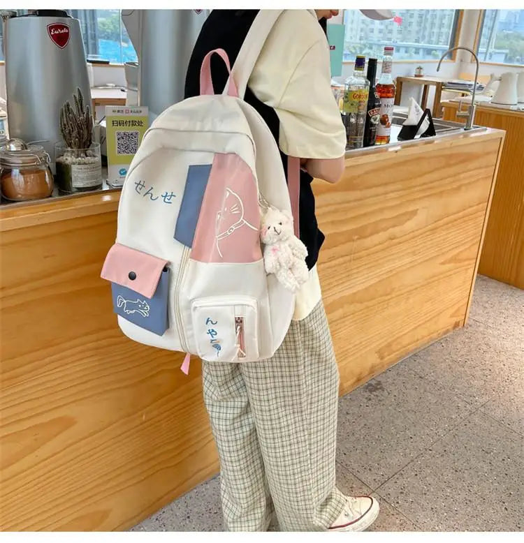 Hundreds of simple junior high school students schoolbag Large capacity primary school students schoolbag cute cat pattern