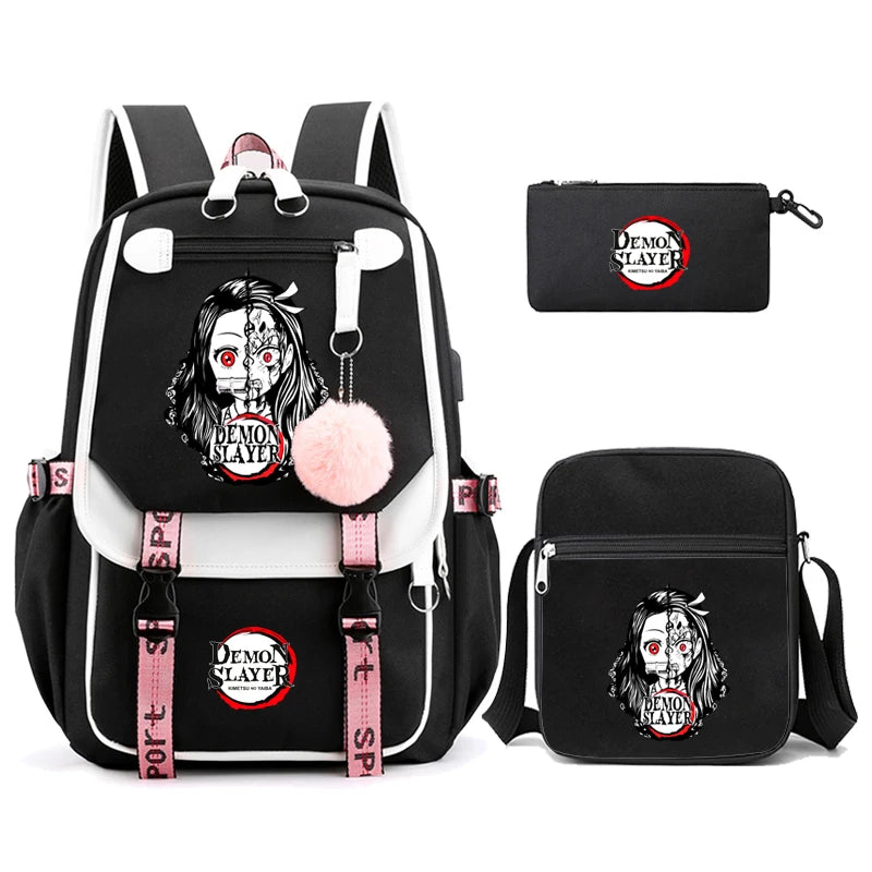 3Pcs/set Anime Kamado Nezuko Demon Slayer Backpacks for Girls School Bag Teenager Student Canvas Laptop Back Pack Women Rucksack