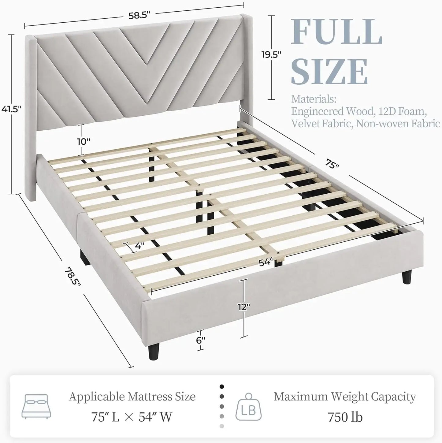 Bed Frame Upholstered Platform Bed with Wing Side/Wooden Slat Support/Tufted Headboard with Wing Side/Mattress Foundation