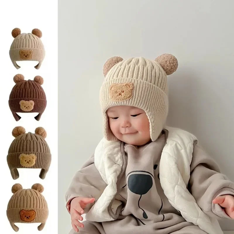 Baby wool hat cute bear ear protection hat children winter thickened warm knitted Korean version of the baby hat