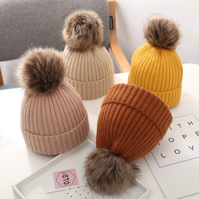 Solid Color Baby Wool Hat Winter Warm Knitted Beanie Cap for Toddler Boy Girl Cute Pompom Kids Crochet Hats Bonnet