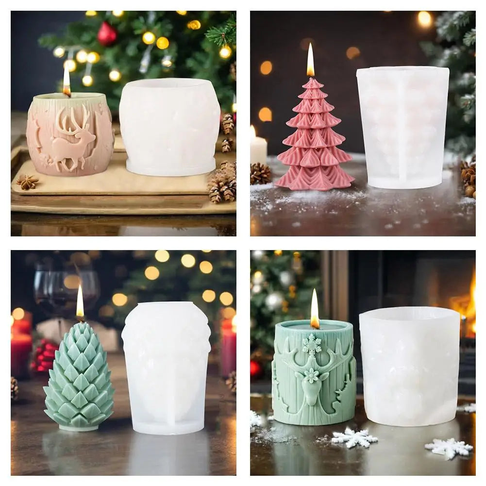 New Christmas Tree Carving Pattern Cylindrical Candle 3D Silicone Mold Reindeer Snowflake Cylindrical Elk Candle Mold