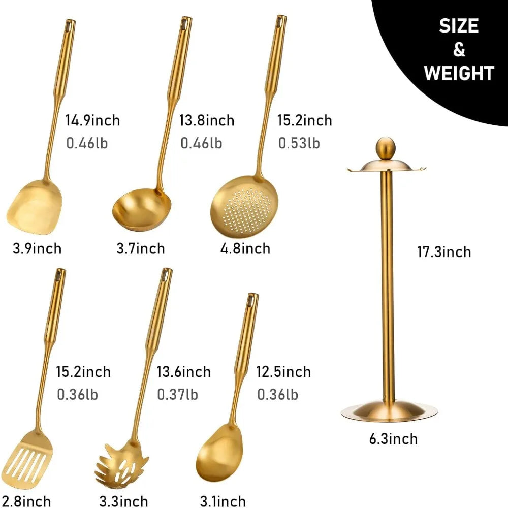 Gold Kitchen Utensils Set with Stand – 7 Piece 304 Stainless Steel Brass Cooking Tools with Rotating Holder, Spatula, Slotted