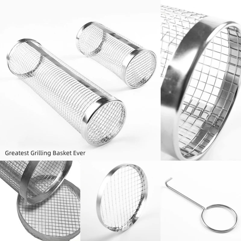 BBQ Basket Stainless Steel Rolling Grilling Basket Wire Mesh Cylinder Cylindrical Portable Round Outdoor Camping Barbecue Rack