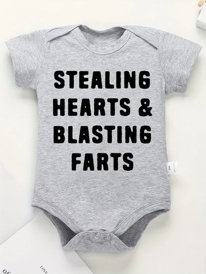 Creative New Baby Girl Boy Cotton Onesie Stealing Hearts and Blasting Farts Letter Print Funny Infant Clothes Comfy Breathable