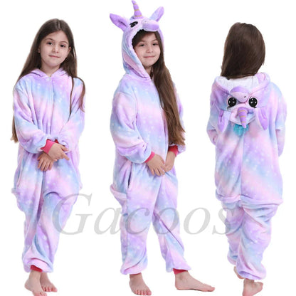 Unicorn Kigurumi for Kids Onesies Winter Flannel Warm Pajamas Animal Lion Dinosaur Hooded Sleepwear Jumpsuit Cospaly Costumes