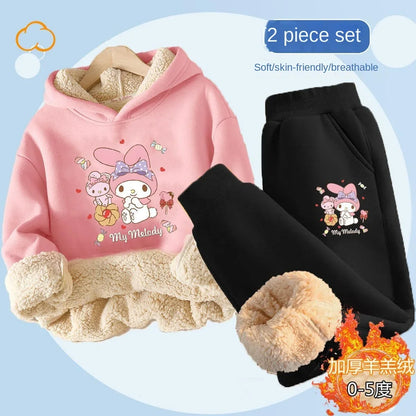 Kuromi Plush Warm Children's Clothing Set for Girls Thicken Fleece Lined Sweatshirt + Pants 2 Pcs Suit Winter Tracksuit