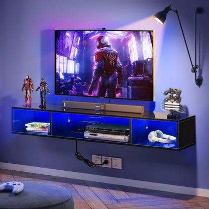 Floating TV Stand with Power Outlet, and RGB Lights, 47.2" Wall Mounted TV Shelf, Media Console with Storage Shelf