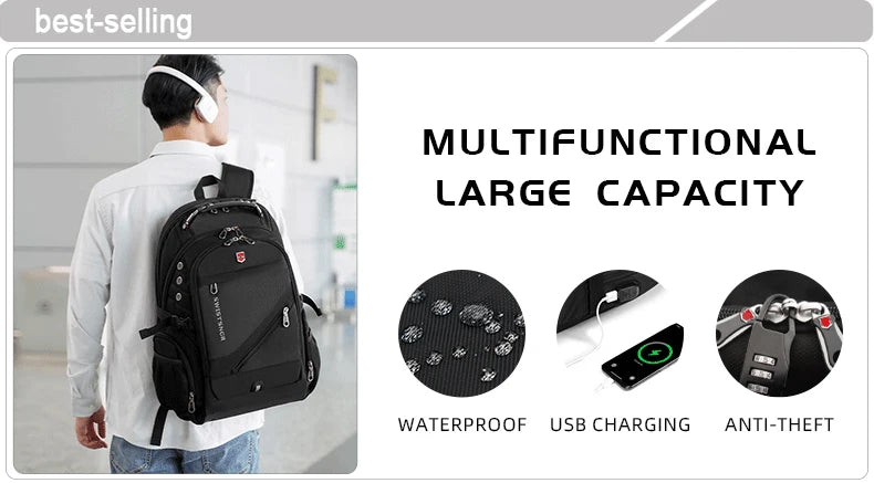 2024 New Waterproof Backpacks USB Charging School Bag Anti-theft Men Backpack Fit 17.3 Inch Laptop Travel Backpack Male Mochila