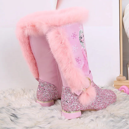 Disney Girls' High Heel Boots Winter Children's High Sleeve Plush Snow Warm Boots Princess Elsa Long Pink Blue Boots Size 26-37