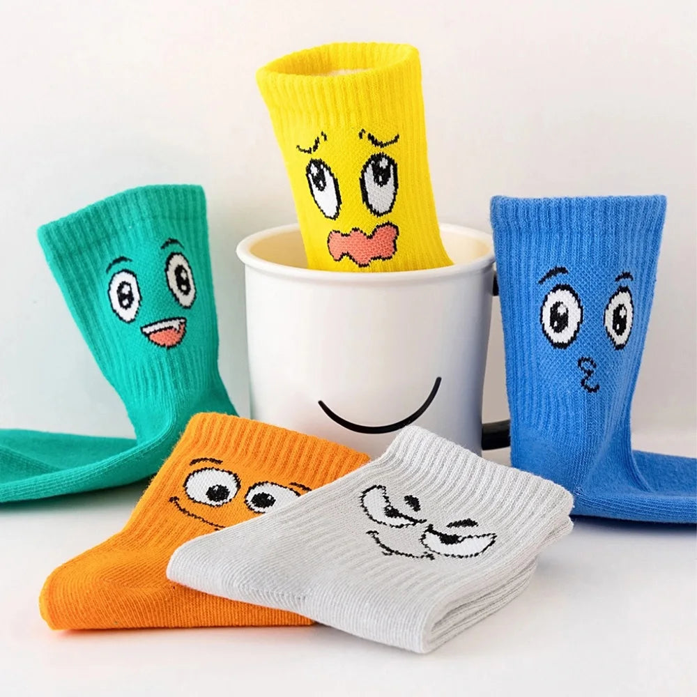 5 Pairs Kids Socks Emoticons Funny Face Pattern Comfortable Breathable Boys Girls Socks