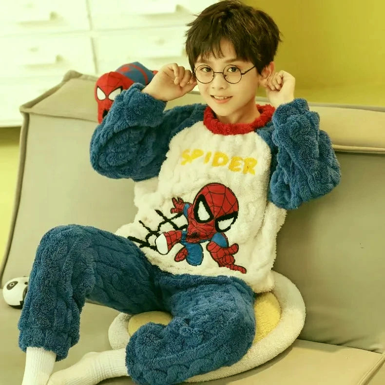 Winter Disney Children Clothing Boys Sleepwear Set Flannel Thick Long Sleeve Warm Set Pajamas Two Pieces Kids Clothes Spiderman