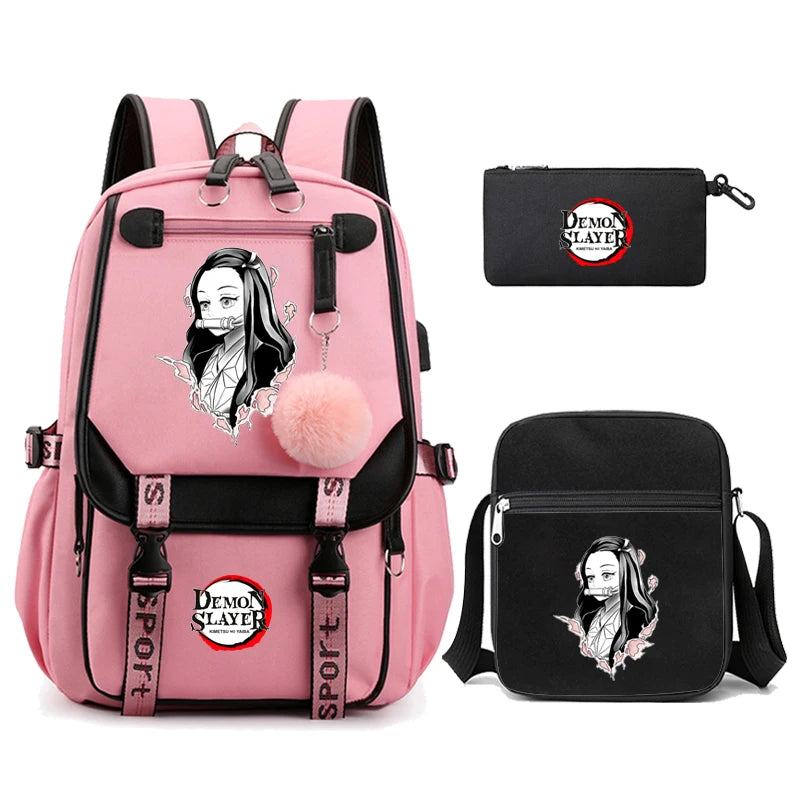 3Pcs/set Anime Kamado Nezuko Demon Slayer Backpacks for Girls School Bag Teenager Student Canvas Laptop Back Pack Women Rucksack