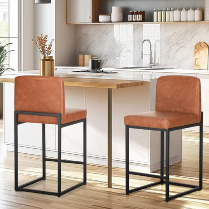 Black Counter Height Bar Stools Set of 2 for Kitchen Counter 24 Inch Faux Leather Upholstered Barstools with Back Modern