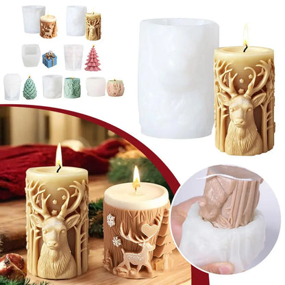 New Christmas Tree Carving Pattern Cylindrical Candle 3D Silicone Mold Reindeer Snowflake Cylindrical Elk Candle Mold