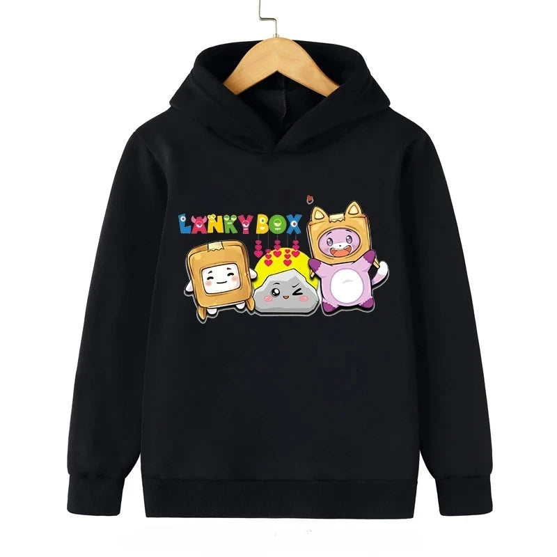 Lanky Box Print Hoodie Baby Boy Funny Cartoon Streetwear Stone Cats Print Kids Clothes Girls Long Sleeve Sweatshirt Box Pullover