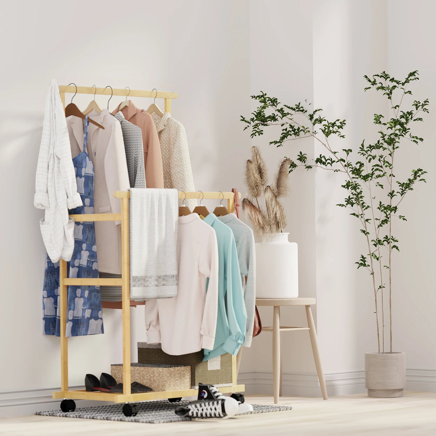 Bamboo Clothes Rail Rack Double Hanging Rails Clothes Rack on Wheels Free Standing Garment Rack with Storage Shelves Coat Rack