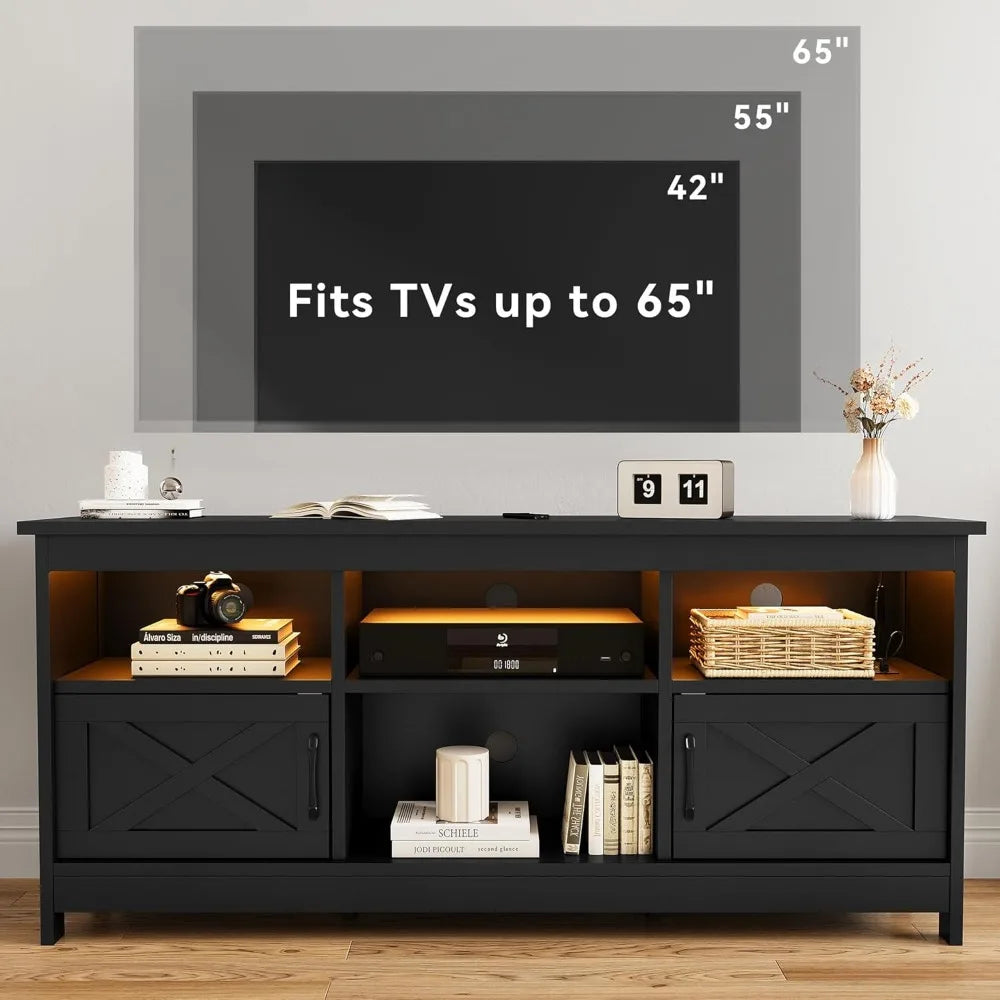 Farmhouse TV Stand for TVs Up To 65 Inch, Modern Entertainment Centre with Power Outlet, TV Shelf with Storage Cabinet