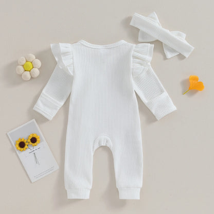 Pudcoco Infant Baby Girl Autumn Jumpsuit Solid Color Round Neck Flying Sleeve Ruffled Zipper Romper with Bow Headband 0-12M