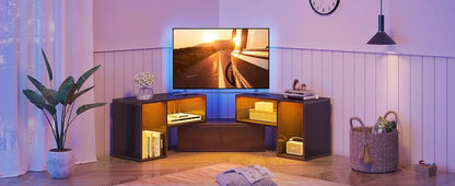 Rolanstar TV Stand, Deformable TV Stand with Power Outlets & LED Strip, Modern Entertainment Cent