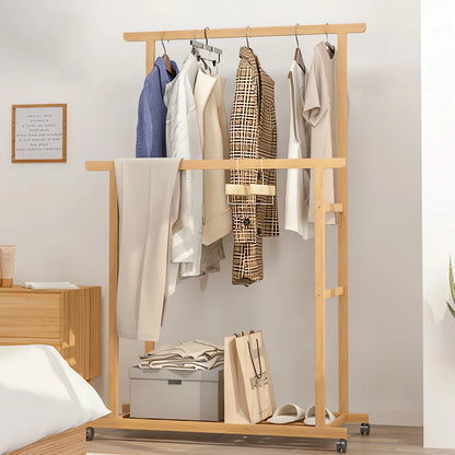 Bamboo Clothes Rail Rack Double Hanging Rails Clothes Rack on Wheels Free Standing Garment Rack with Storage Shelves Coat Rack