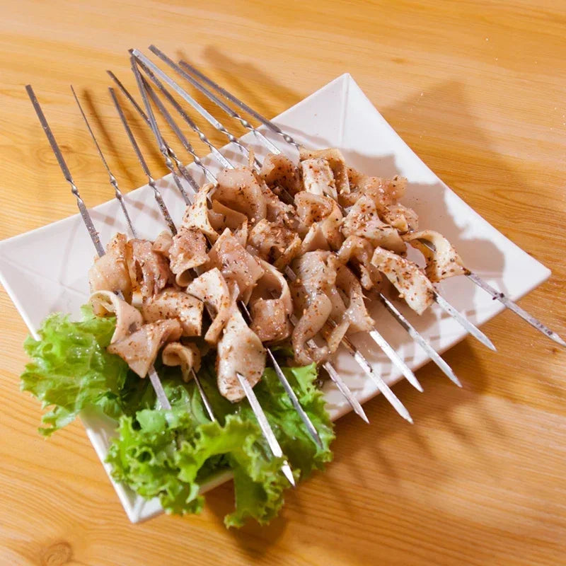 50Pcs Reusable Stainless Steel Barbecue Skewer with Wooden Handle BBQ Skewers Kebab Iron Stick for Outdoor Camping Picnic Tools