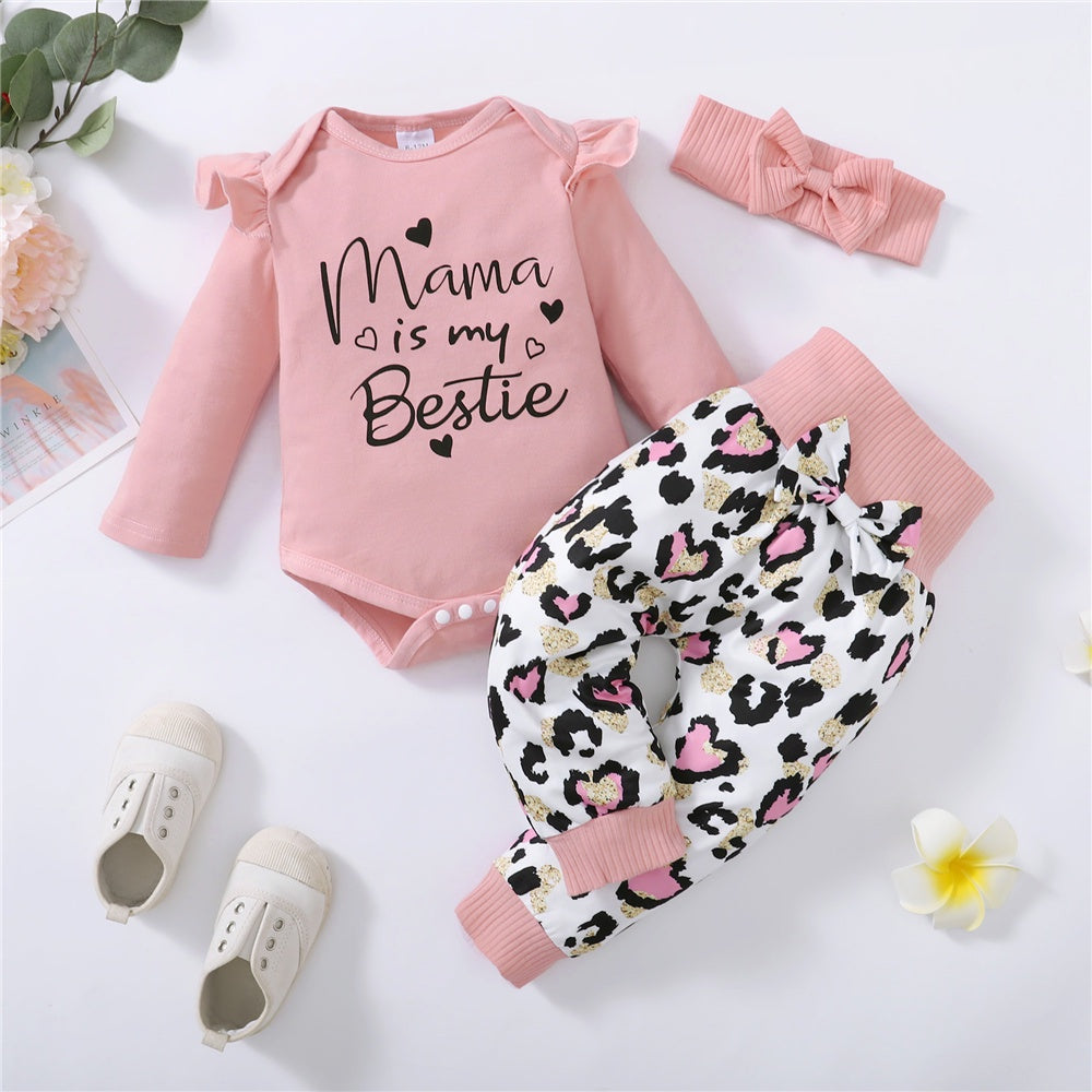 3PCS Newborn Baby Girl Daily Clothes Set Mama Print Long Sleeve Romper Top+Love Heart Print Pant+Headband Lovely Autumn Outfit