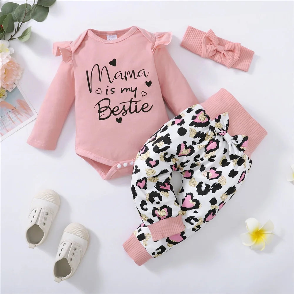 3PCS Newborn Baby Girl Daily Clothes Set Mama Print Long Sleeve Romper Top+Love Heart Print Pant+Headband Lovely Autumn Outfit