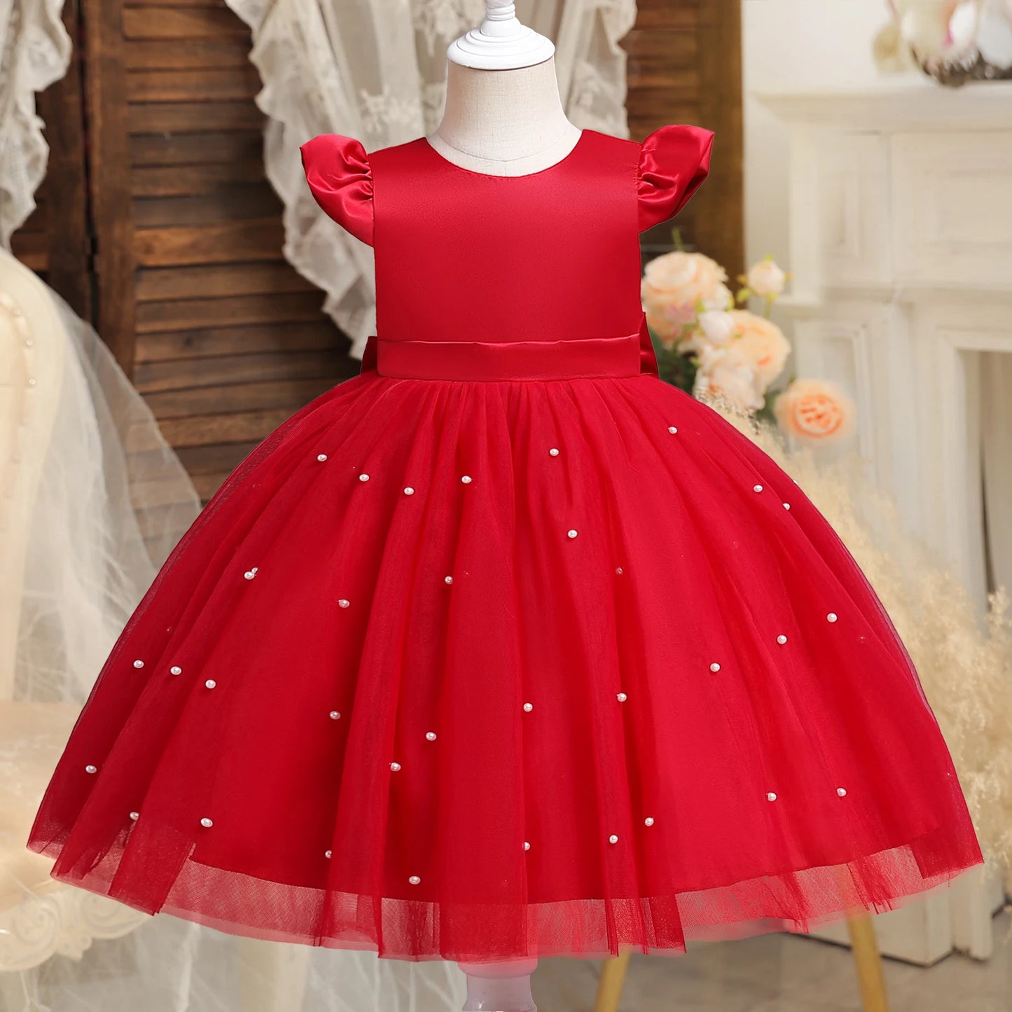 Toddler Girl Red Christmas Princess Dress Cute Baby Girl 1st Birthday Party Tutu Gown Newborn Backless Bow Beading Xmas Costume