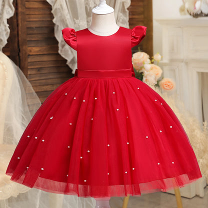 Toddler Girl Red Christmas Princess Dress Cute Baby Girl 1st Birthday Party Tutu Gown Newborn Backless Bow Beading Xmas Costume