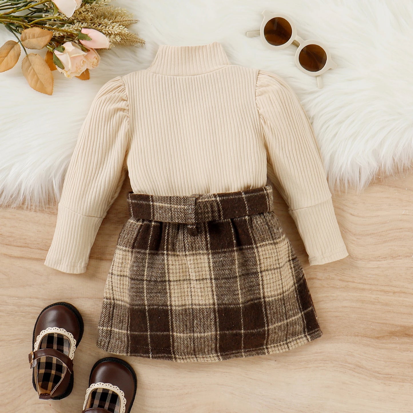 3PCS Autumn And Winter 1-4 Year Old Girls And Baby Trendy And Fashionable Solid Color High-Necked Top + Plaid Skirt Suit