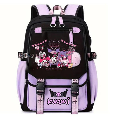 Lovely Kuromi Melody Backpacks USB Cartoon Purple Printed Boy Girls School Bag Students Bookbag Teens Women Mochila Escolar Niña