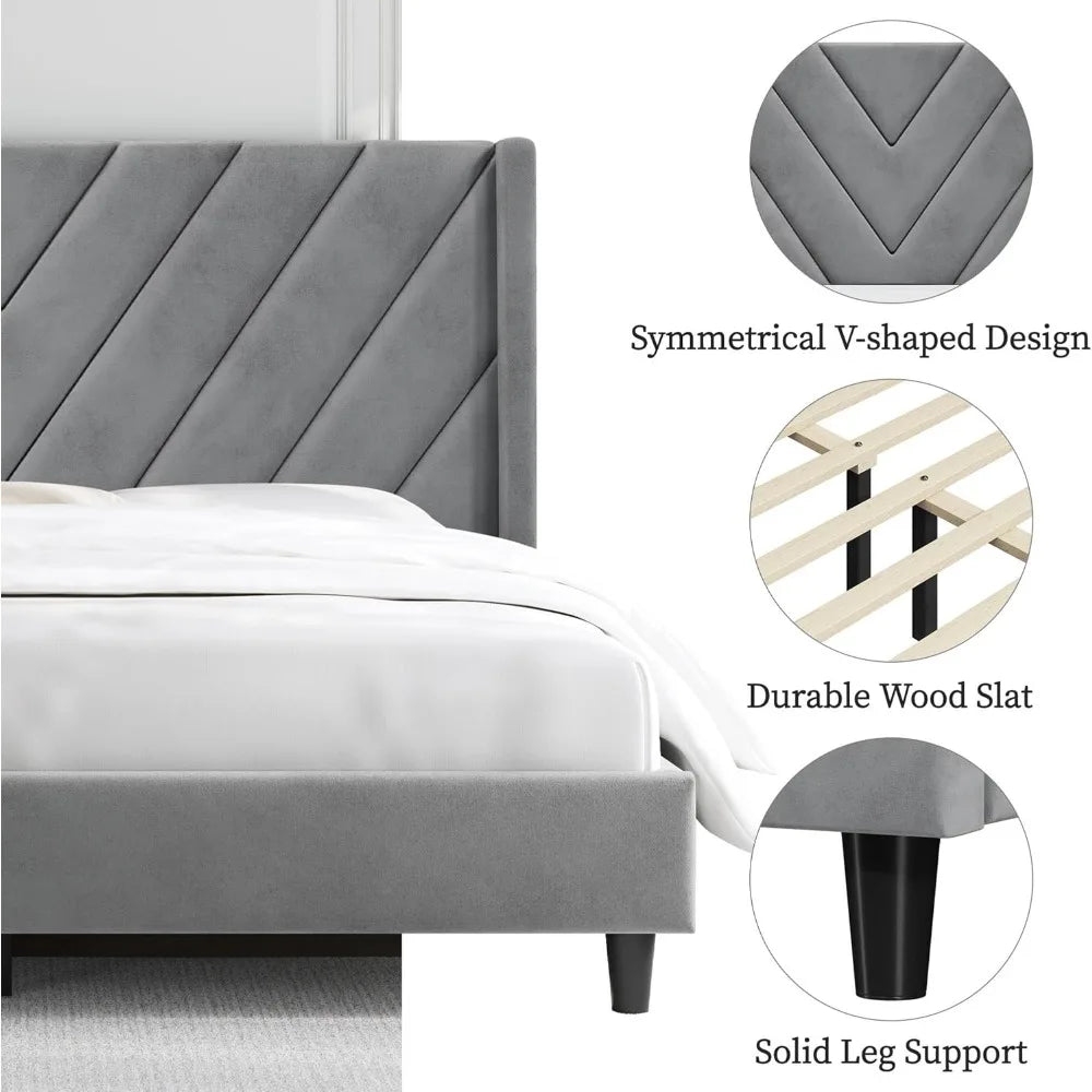 Bed Frame Upholstered Platform Bed with Wing Side/Wooden Slat Support/Tufted Headboard with Wing Side/Mattress Foundation