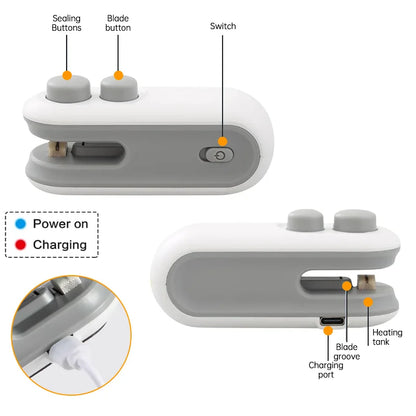 Portable Mini Sealer 2 in 1 Heat Bag Sealing Machine USB Rechargable Heat Sealer Food Storage Sealing Clip Packaging Sealer