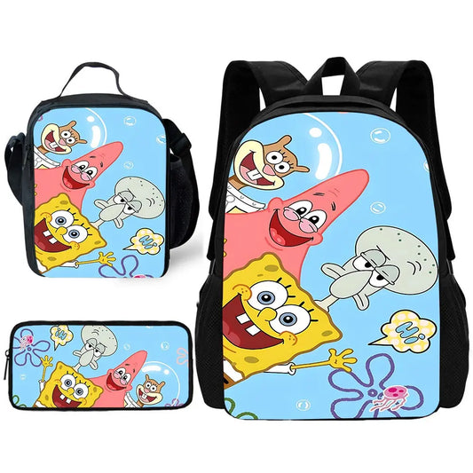 Cartoon Cute Child School Backpack with Lunch Bags ,Pencil Bags ,School Bags for S-spongebobS Boys Girls Best Gift