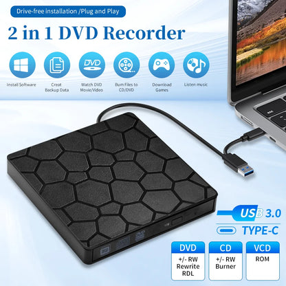 External DVD RW Drive USB 3.0 Type C 2 in 1 Interface Slim DVD CD Writer Burner Reader Player Optical Drive For Laptop PC